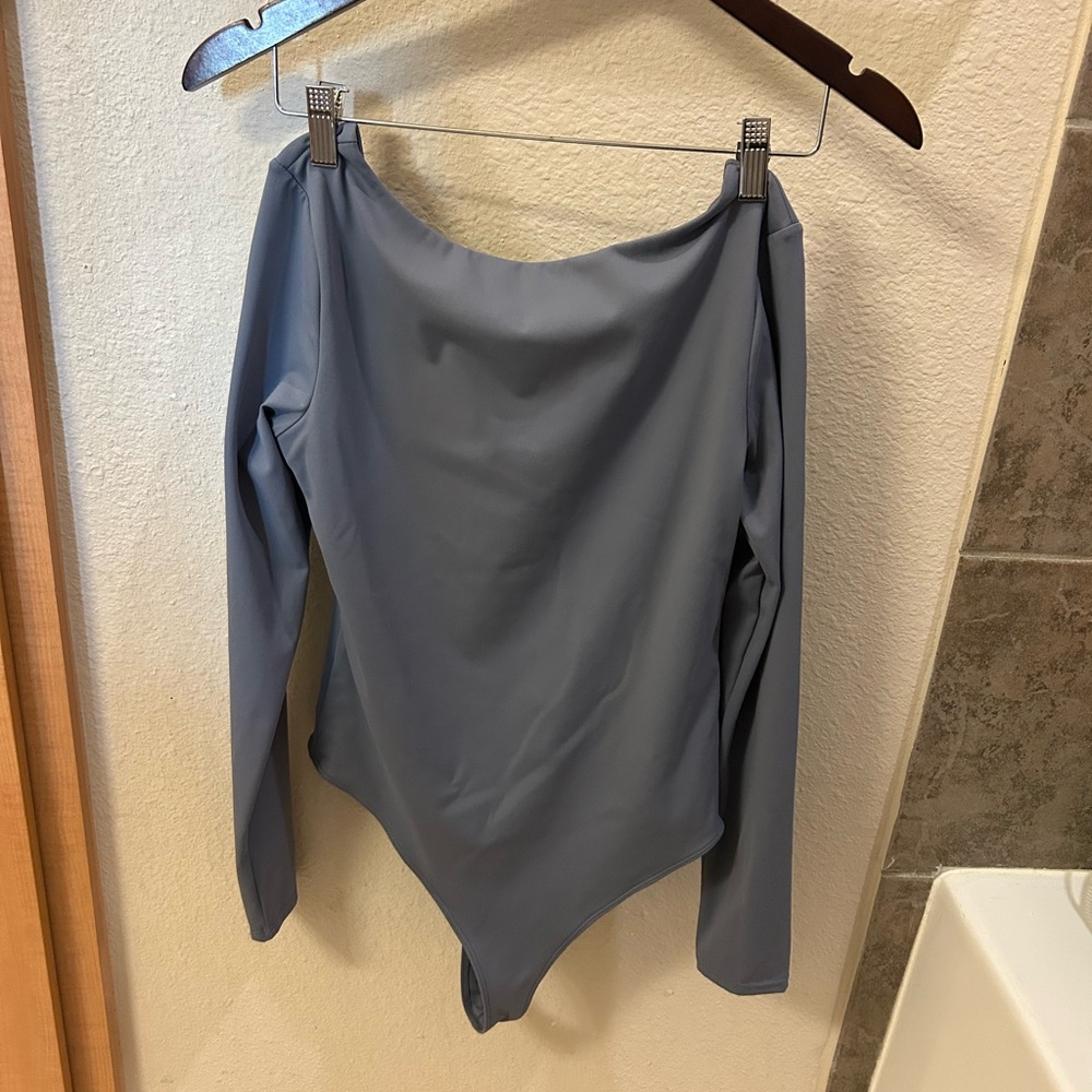 Open Edit Long Sleeve Dusty Blue Bodysuit, Size Medium